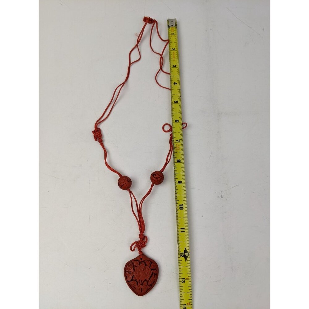 Vintage Cinnabar Carved Floral Heart Pendant Necklace - Picture 8 of 8
